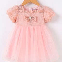 Kookie Kids Half Sleeves Party Frock with Floral Lace & Bow Detailing  - Pink-image-97