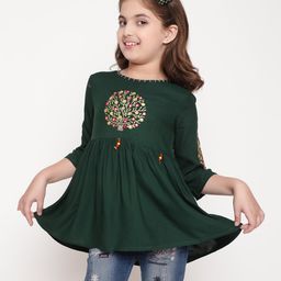 ISHTI Rayon Three Fourth Sleeves Floral Embroidered Peplum Top - Bottle Green-image-82