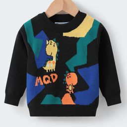 Kookie Kids Knit Full Sleeves Pullover Sweater with Dino Design - Black-image-24