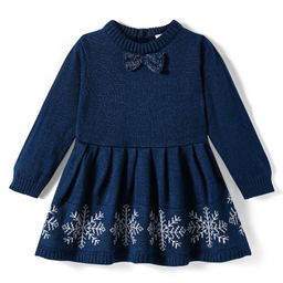 Babyhug Knitted Full Sleeves Woollen Dress with Intarsia Design & Bow Applique - Navy Blue-image-52