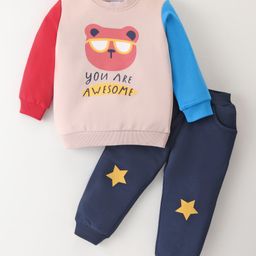 Kookie Kids Fleece Knit Full Sleeves Winter Wear Suit With Teddy Print & Applique - Tan & Navy-image-1