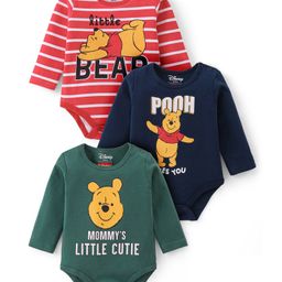 Babyhug Disney Interlock Knit Full Sleeves Onesies with Striped & Winnie The Pooh Print Pack of 3 - Red Green & Navy Blue-image-19