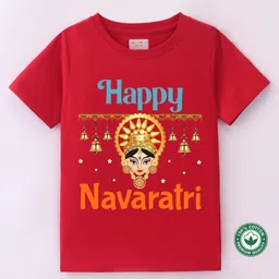 BLUSHES Half Sleeves Navaratri Theme 100% Cotton Happy Navratri Text Printed Tee - Red-picture-39