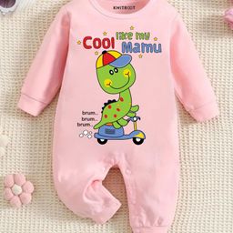 KNITROOT Cotton Full Sleeves Dinosaur & Text Printed Romper - Pink-image-23