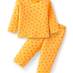 Babyhug Cotton Knit Full Sleeves Night Suit with Hearts Print - Yellow-image-33