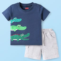 Babyhug Single Jersey Knit Half Sleeves T-Shirt & Shorts Set with Dino Print - Navy Blue & Grey-image-44