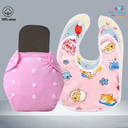 The Cheeky Kidzz Baby Essential Reusable Cotton Cloth Diaper With Bamboo Charcoal Insert With 3 Feeding Bib (Pink)-13