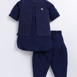 LITTLE COLLARS Full Sleeves Solid Kurta Patiala With Striped Jacket Set - Blue-image-38
