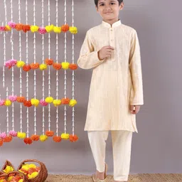 Pehanaava Cotton Full Sleeves Damask Embroidered Kurta Pyjama Set - Golden-picture-11