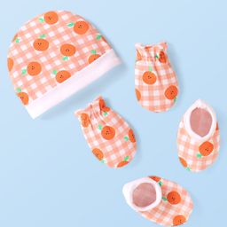Babyhug 100% Cotton Knit Checkered Cap Mittens & Booties Set with Orange Print White - Diameter 10 cm-image-67