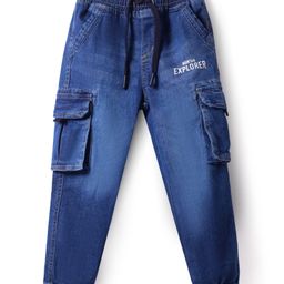 Babyhug Full Length Washed Denim Jeans With Text Print & Stretch - Blue-image-72