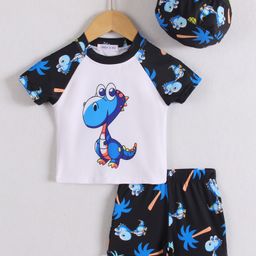 Mark & Mia Half Raglan Sleeves Two Piece Swimsuit With Dino Print & Swimming Cap - White & Black-image-97