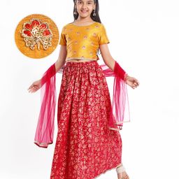 Pine Kids Woven Half Sleeves Choli & Foil Printed Lenhenga with Dupatta & Sequin Embroidery - Red-picture-4