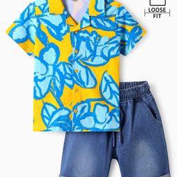 OLLINGTON ST. Cotton Half Sleeves Printed Shirt & Stretchable Denim Shorts - Multicolor & Indigo-image-35