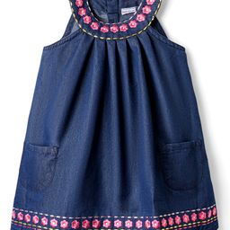 Babyhug Sleeveless Halter Neck Denim Frock With Floral Embroidery - Blue-image-11