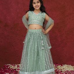 AJ Dezines Net Sleeveless Threadwork Embroidered Sequins & Lace Embellished Lehenga Choli With Dupatta Set - Green-picture-0