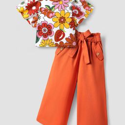 OLLINGTON ST. Cotton Half Sleeves Floral Printed Top & Knit Culotte with Belt - Rust Orange-image-39