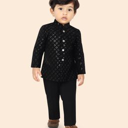 little desi Velvet Full Sleeves Sequins Embellished Jodhpuri Coat & Pant Set - Black-image-27