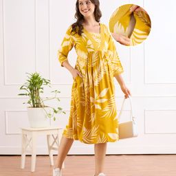 Bella Mama Viscose Woven Three Fourth Sleeves Maternity Dress With Pockets & Tropical Theme Print - Yellow-picture-2