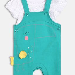 MINI KLUB Cotton Knit Bird Embroidered & Applique Detailed Dungaree With Cap Sleeves Top - White & Teal-image-4