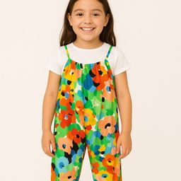 JusCubs Cotton Knit Floral Printed Dungaree With Half Sleeves Solid Tee Set- Multi Colour-image-96