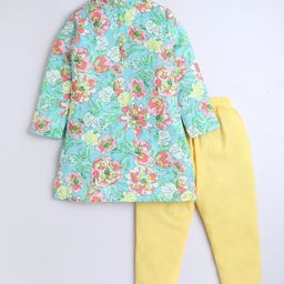 Aww Hunnie Linen Woven Full Sleeves Floral Printed Kurta Pyjama Set - Green-image-24