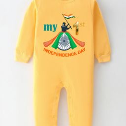 BLUSHES 100% Cotton Knit Independence Day Theme Full Sleeves My 1st Independence Day Text Printed Romper - Yellow-image-98