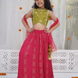 Little Bansi Viscose Georgette With Chanderi Silk Woven Sleeveless Floral Embroidered Lehenga Choli & Dupatta - Rose Red-picture-25