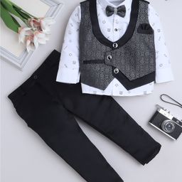 Fourfolds Cotton Blend Woven Full Sleeves Doodle Art Printed & Damask Embroidered 3 Piece Party Suit Set With Bow - Black-picture-11