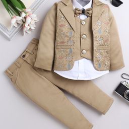 Fourfolds Woven Full Sleeves Floral Embroidered 3 Piece Party Suit Set With Bow - Tan-picture-31