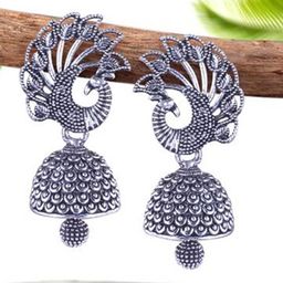MEENAZ Set of 5 Silver-Plated Oxidised Peacock Shaped Jhumkas-image-113