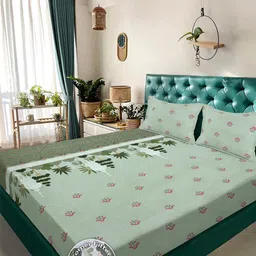 KLOTTHE Green & Pink Floral 300 TC King Bedsheet with 2 Pillow Covers-image-40