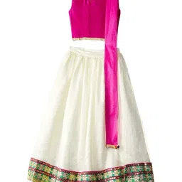612 League Kids Off White & Pink Cotton Embellished Lehenga & Cholis Set With Dupatta-image-4