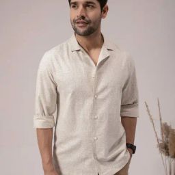 Perch Beige Cotton Slim Printed Casual Shirts-image-15
