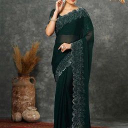 Satrani Green Embellished Saree With Unstitched Blouse-image-95