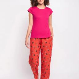 Clovia Pink & Orange Cotton T-Shirt With Pyjamas-image-46
