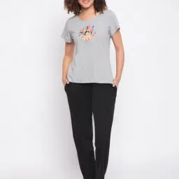 Clovia Grey & Black Cotton Printed T-Shirt With Pyjamas-image-56