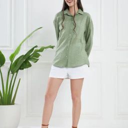 KASSUALLY Sage Green Cotton Self Design Oversized Shirt-image-76