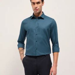 The Bear House Teal Cotton Tailored Fit Textured Formal Shirt-image-56