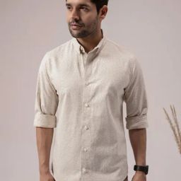 Perch Beige Cotton Slim Printed Casual Shirts-image-8