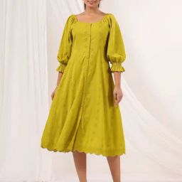 Janasya Lime Embroidered A-Line Dress-image-13