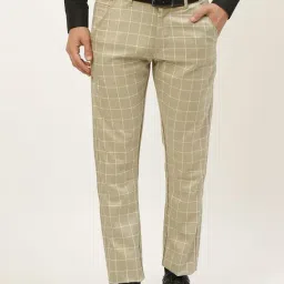 Sojanya Olive Cotton Regular Slim Fit Checks Flat Front Trousers-image-91
