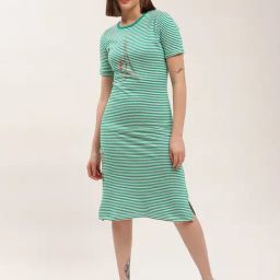 Elle Green Striped Midi T-Shirt Dress-image-27