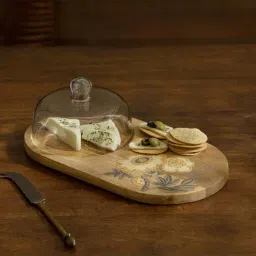 Ellementry Fleur D'or Brown Wooden Platter with Glass Cloche-33