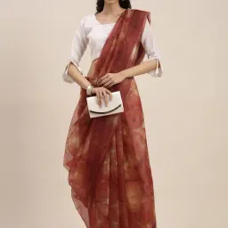 Blissta Red Orange Printed Saree With Unstitched Blouse-picture-26