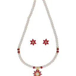 Sri Jagdamba Pearls Abdhija Red & White Pearl CZ Necklace Set-13