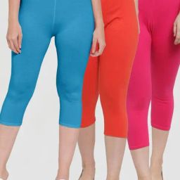 Gracit Sky Blue & Orange Mid Rise Capris - Pack Of 3-image-25