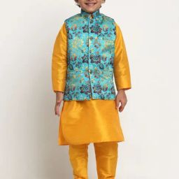 Benstoke Kids Yellow & Sea Green Floral Print Full Sleeves Kurta Set-image-92
