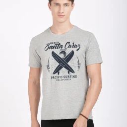 BLACK RADIO Light Grey Melange Slim Fit Printed Crew T-Shirt-image-97