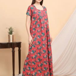 Sweet Dreams Red & Blue Cotton Floral Print Nighty-image-76